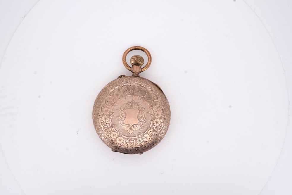 An early 20th century continental 9k open faced fob watch, with Roman dial, 34mm, gross weight 30.5 grams. Condition - poor to fair